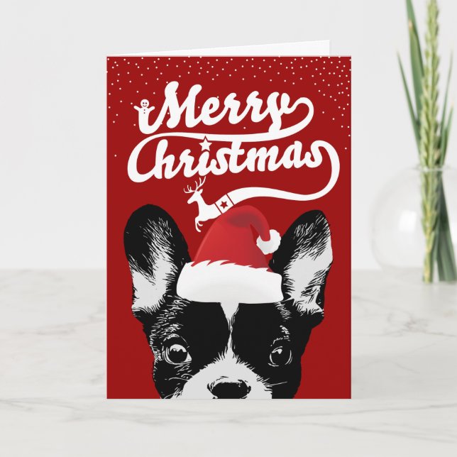 French Bulldog Merry Christmas Red Holiday Card (Front)