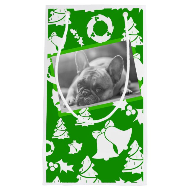French Bulldog Merry Christmas Tree Wreath Bells Small Gift Bag (Front)