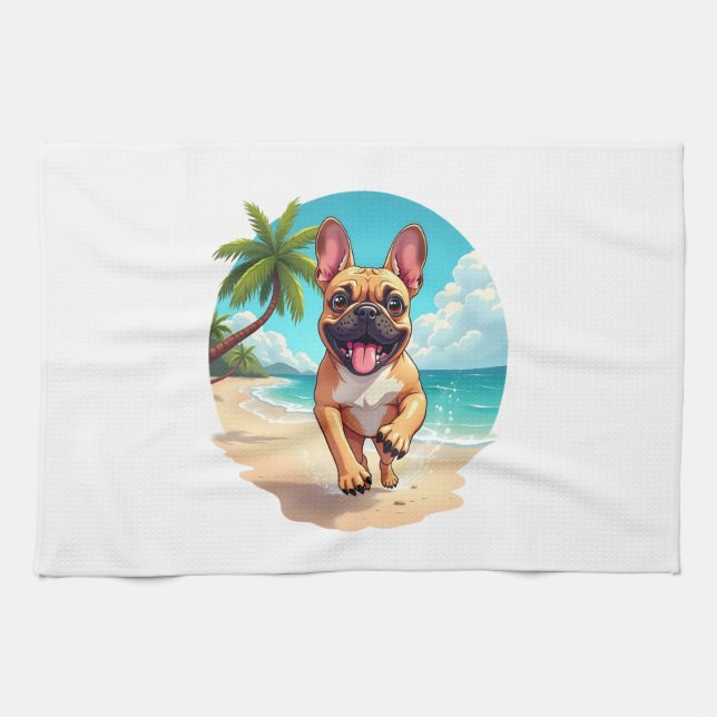 French Bulldog on a Beach Kitchen Towel (Horizontal)