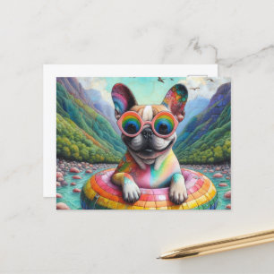 French Bulldog on a Rainbow Colour Float Postcard