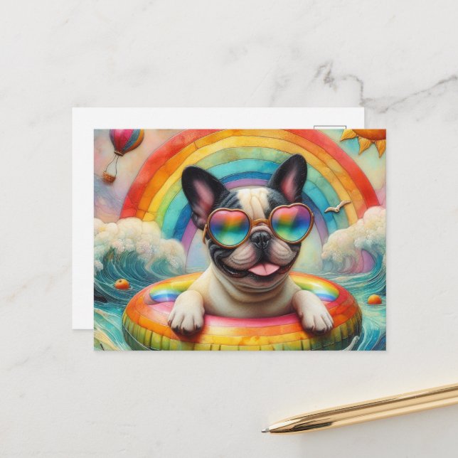 French Bulldog on a Rainbow Colour Float Postcard (Front/Back In Situ)