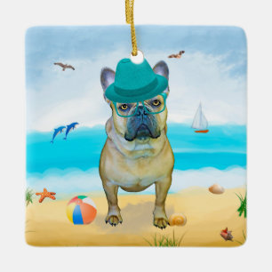 French Bulldog on Beach Ceramic Ornament