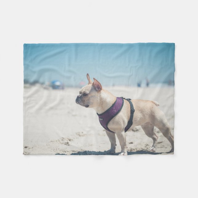 French Bulldog On Beach Fleece Blanket (Front (Horizontal))