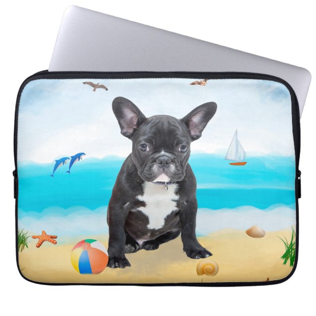 French Bulldog on Beach Laptop Sleeve (Front)