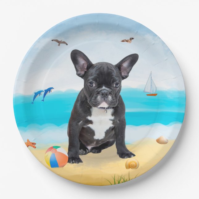 French Bulldog on Beach Paper Plate (Front)