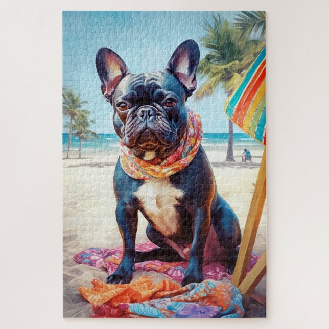 French Bulldog on Beach, summer gift for dog lover Jigsaw Puzzle (Vertical)