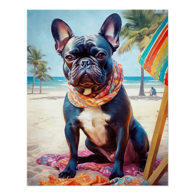 French Bulldog on Beach, summer gift for dog lover Poster (Front)