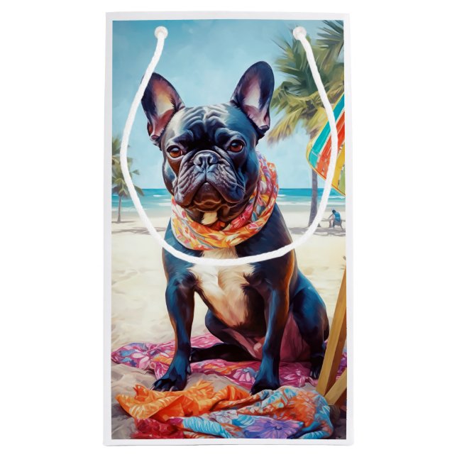 French Bulldog on Beach, summer gift for dog lover Small Gift Bag (Back)