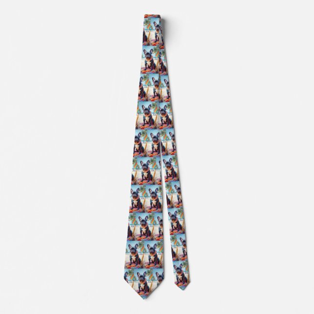 French Bulldog on Beach, summer gift for dog lover Tie (Front)