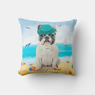 French Bulldog on Beach Throw Pillow