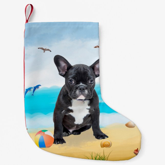 French Bulldog on Beach Throw Pillow Small Christmas Stocking (Front)