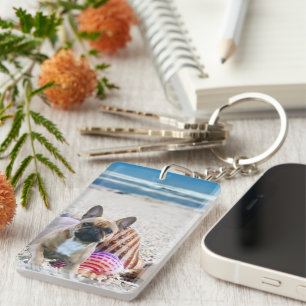 French Bulldog on the beach Key Keychain