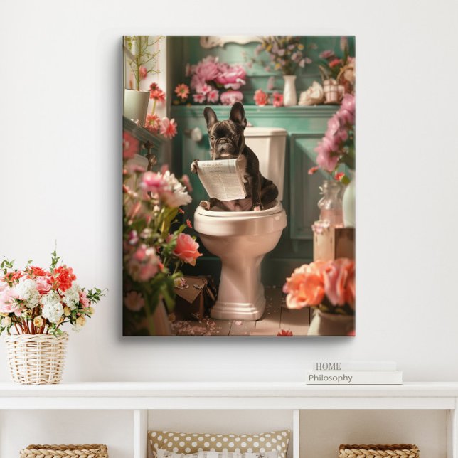 French Bulldog on Toilet | Frenchie Art Bathroom Canvas Print (French Bulldog Art)