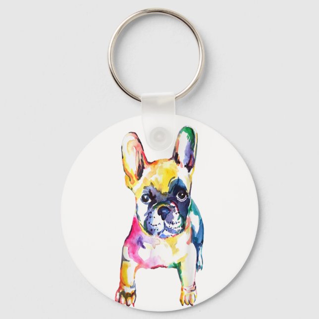 French Bulldog Original Watercolor Hand Drawing Keychain (Front)