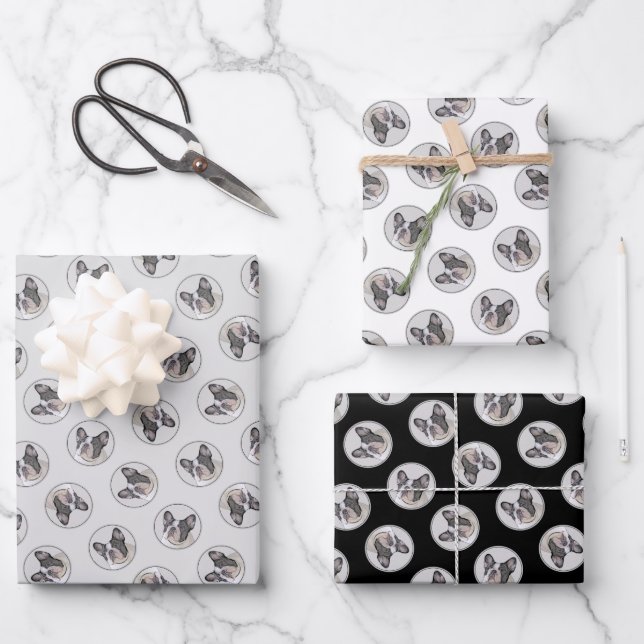 French Bulldog Painting White Black Pied Dog Art Wrapping Paper Sheet (Front)