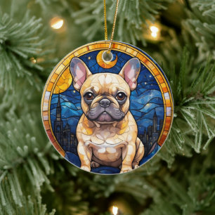 French Bulldog Pastel Stained Glass City Night Sky Ceramic Ornament