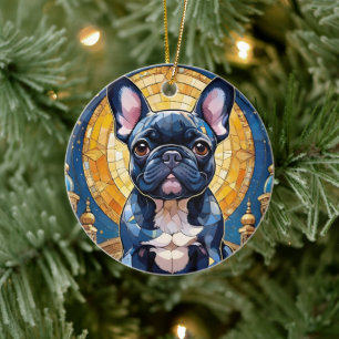 French Bulldog Pastel Stained Glass Moon Night Sky Ceramic Ornament