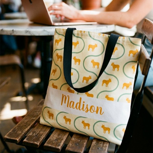 French Bulldog Pattern Custom Name Lemon Yellow Tote Bag (Creator Uploaded)