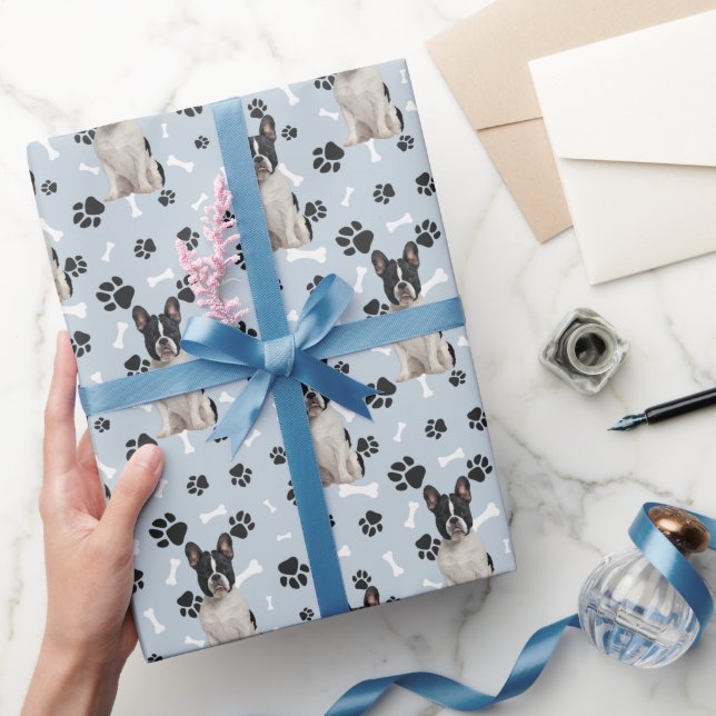 French Bulldog Paw Print Pattern on Silver Blue  Wrapping Paper (Gifting)