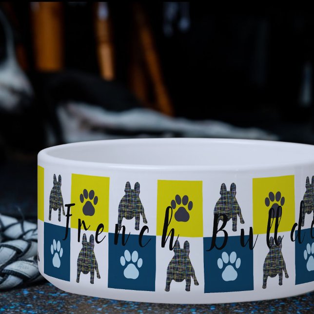 French Bulldog & Paw Yellow & Blue Grid Dog Bowl (Creator Uploaded)