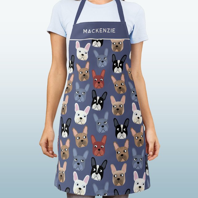 French Bulldog Personalized Dusty Blue Dog Apron (French Bulldog dog personalized custom name apron)