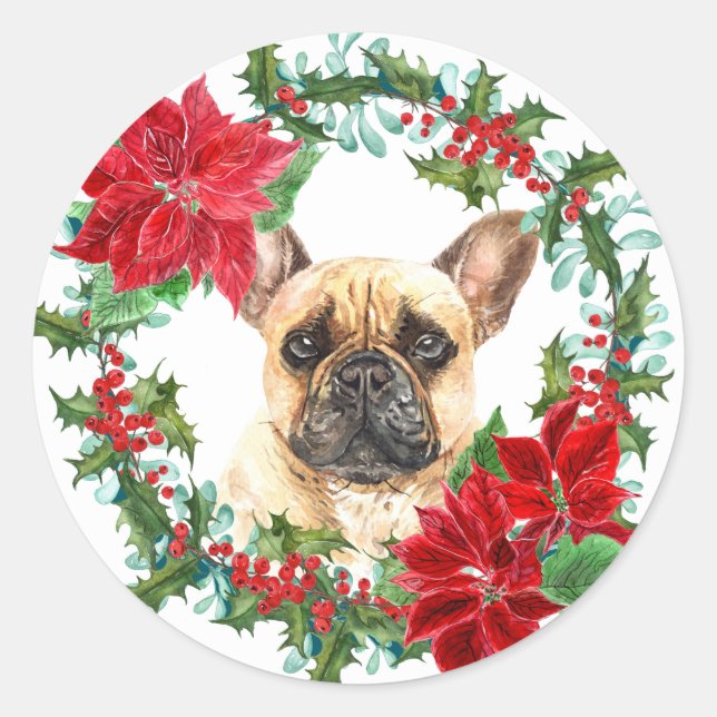French Bulldog Poinsettia Holly Christmas Wreath Classic Round Sticker (Front)