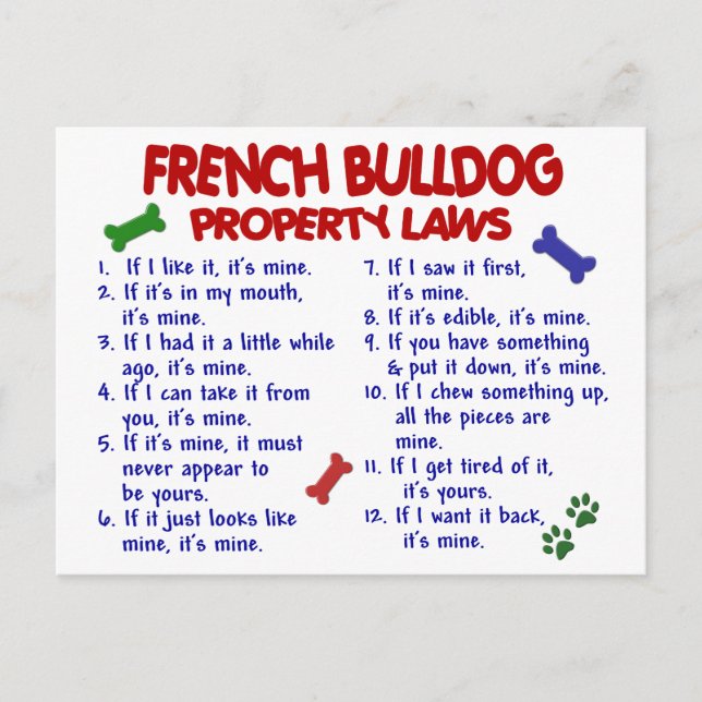 FRENCH BULLDOG Property Laws 2 Postcard (Front)