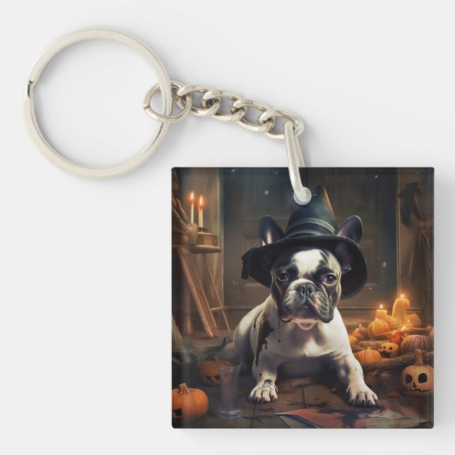 French Bulldog Pumpkins Halloween Scary Keychain (Front)