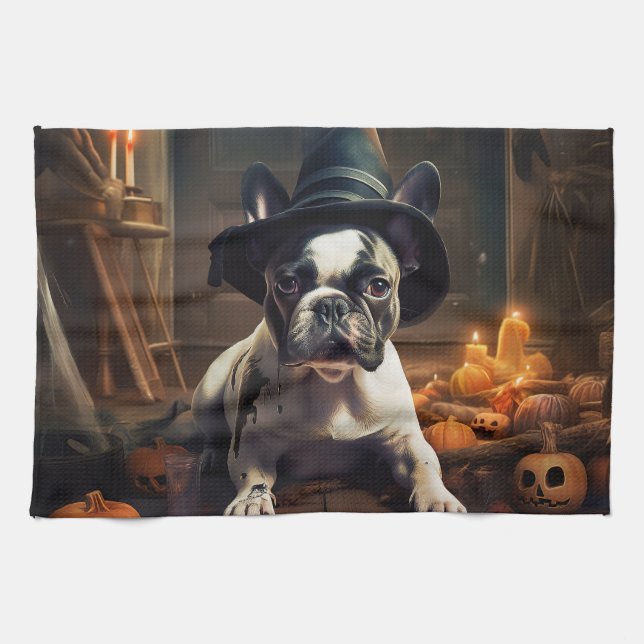 French Bulldog Pumpkins Halloween Scary Kitchen Towel (Horizontal)