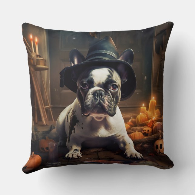 French Bulldog Pumpkins Halloween Scary Throw Pillow (Back)