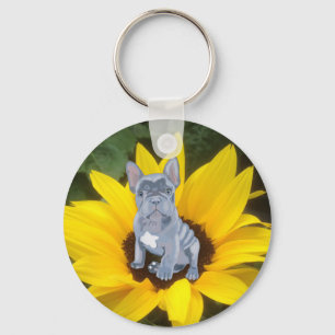 French Bulldog Puppy and Sunflower  Keychain