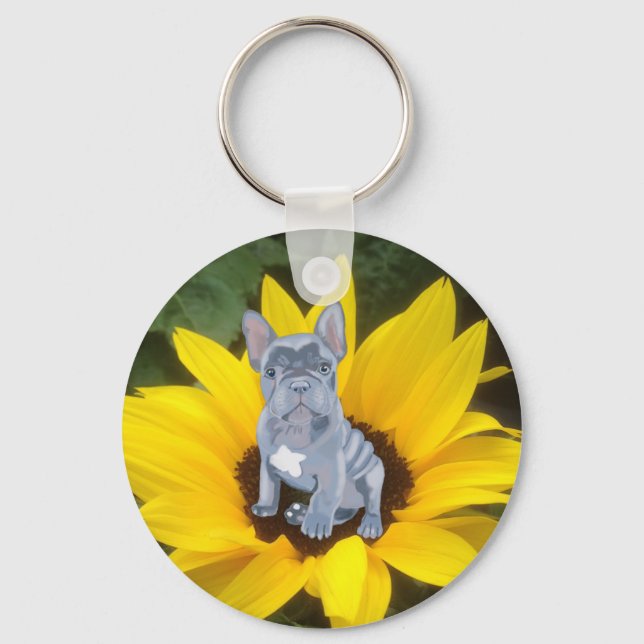 French Bulldog Puppy and Sunflower  Keychain (Front)