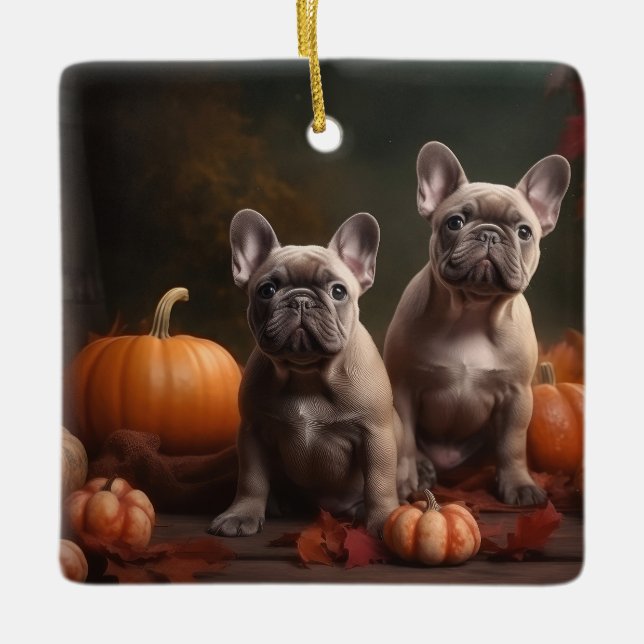 French Bulldog Puppy Autumn Delight Pumpkin Ceramic Ornament (Front)