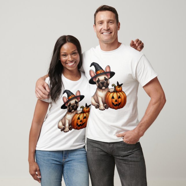 French Bulldog Puppy in Witch Hat with Pumpkin  T-Shirt (Unisex)