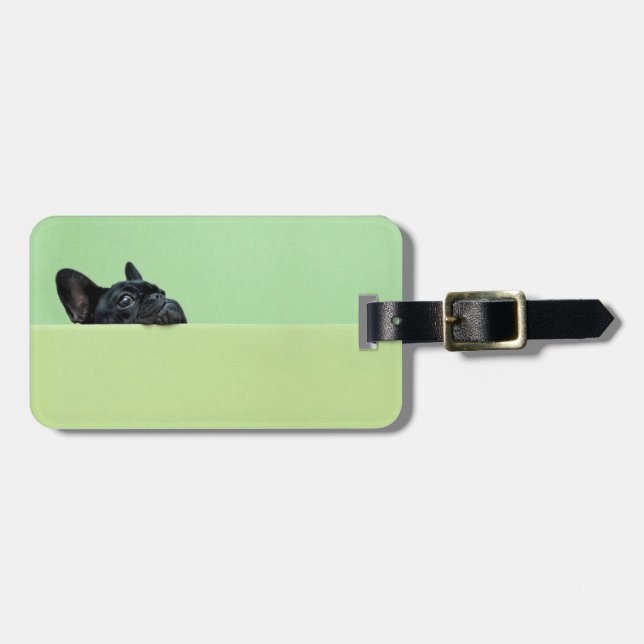 French Bulldog Puppy Peering Over Wall Luggage Tag (Front Horizontal)
