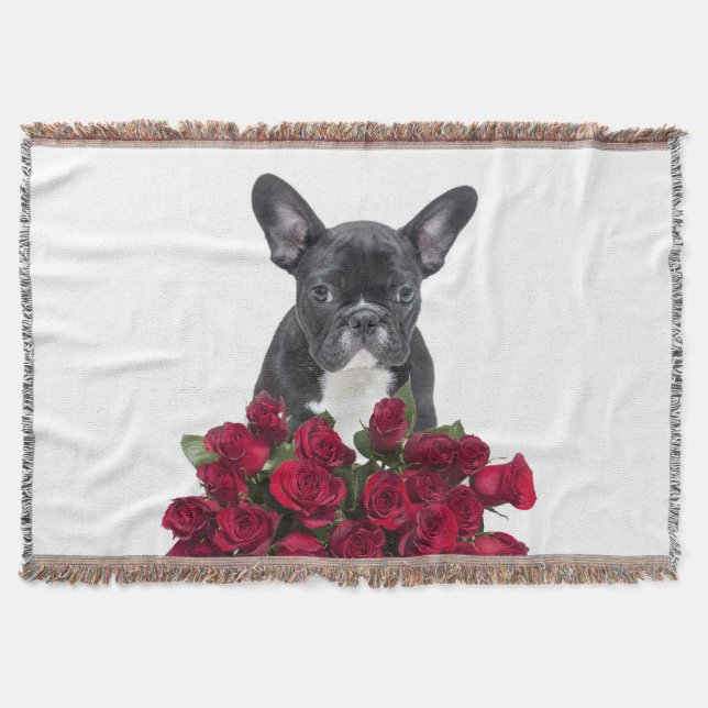 French Bulldog Puppy Roses Flowers Throw White (Front)