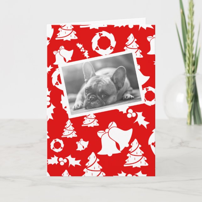 French Bulldog Puppy Sleeping Red Merry Christmas Holiday Card (Front)