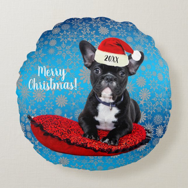 French Bulldog Puppy with Santa Hat Christmas Round Pillow (Front)
