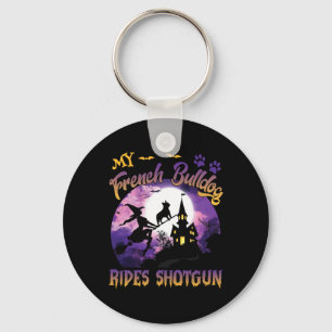 French Bulldog Rides Shotgun Cool Halloween Protec Keychain
