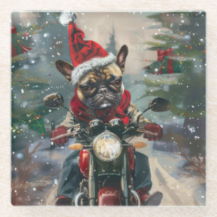 French Bulldog Riding Motorcycle Christmas Glass Coaster