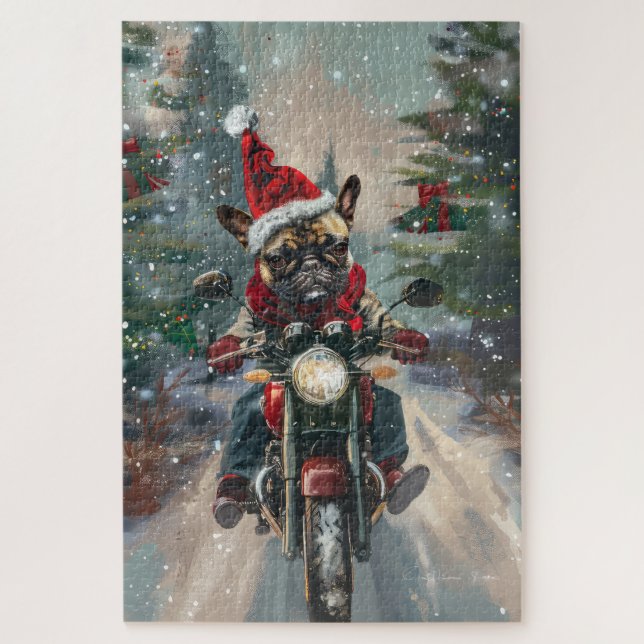French Bulldog Riding Motorcycle Christmas Jigsaw Puzzle (Vertical)