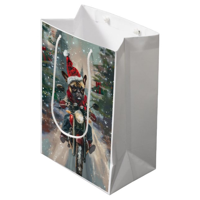 French Bulldog Riding Motorcycle Christmas Medium Gift Bag (Front Angled)