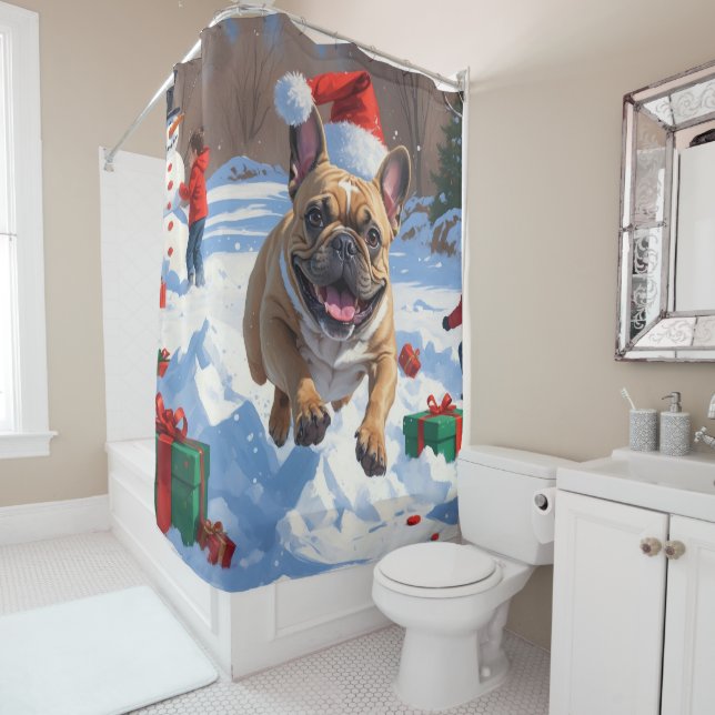 French Bulldog Running in Snow with Christmas Hat (In Situ)