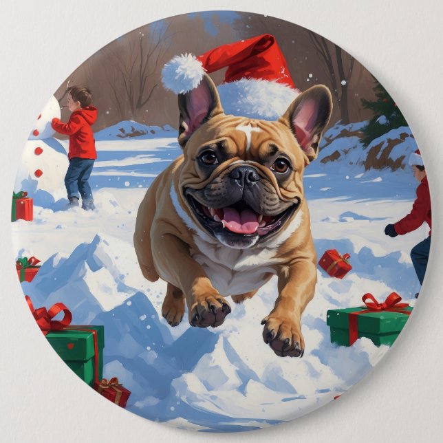 French Bulldog Running in Snow with Christmas Hat 6 Inch Round Button (Front)