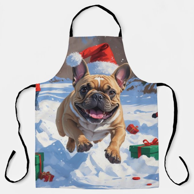 French Bulldog Running in Snow with Christmas Hat Apron (Front)