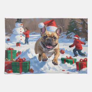 French Bulldog Running in Snow with Christmas Hat Kitchen Towel