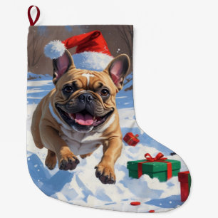 French Bulldog Running in Snow with Christmas Hat Large Christmas Stocking