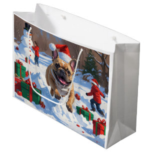 French Bulldog Running in Snow with Christmas Hat Large Gift Bag