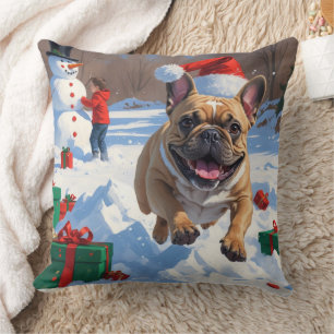 French Bulldog Running in Snow with Christmas Hat Throw Pillow