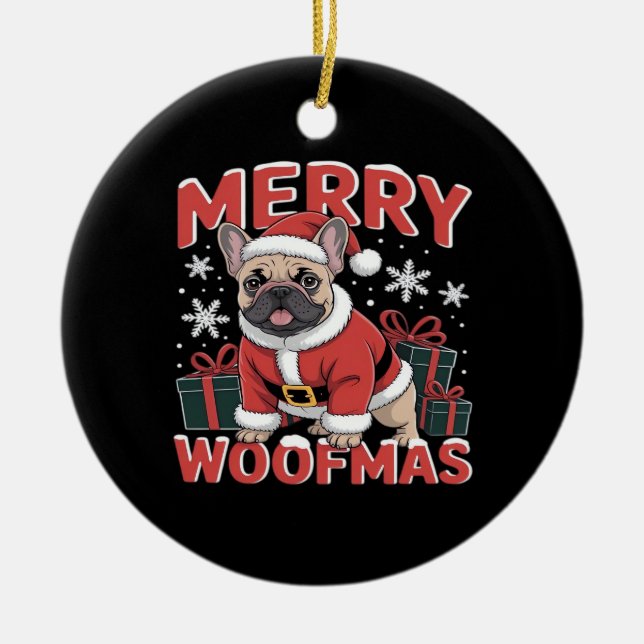 French Bulldog Santa Claus Hat Merry Christmas Dog Ceramic Ornament (Front)